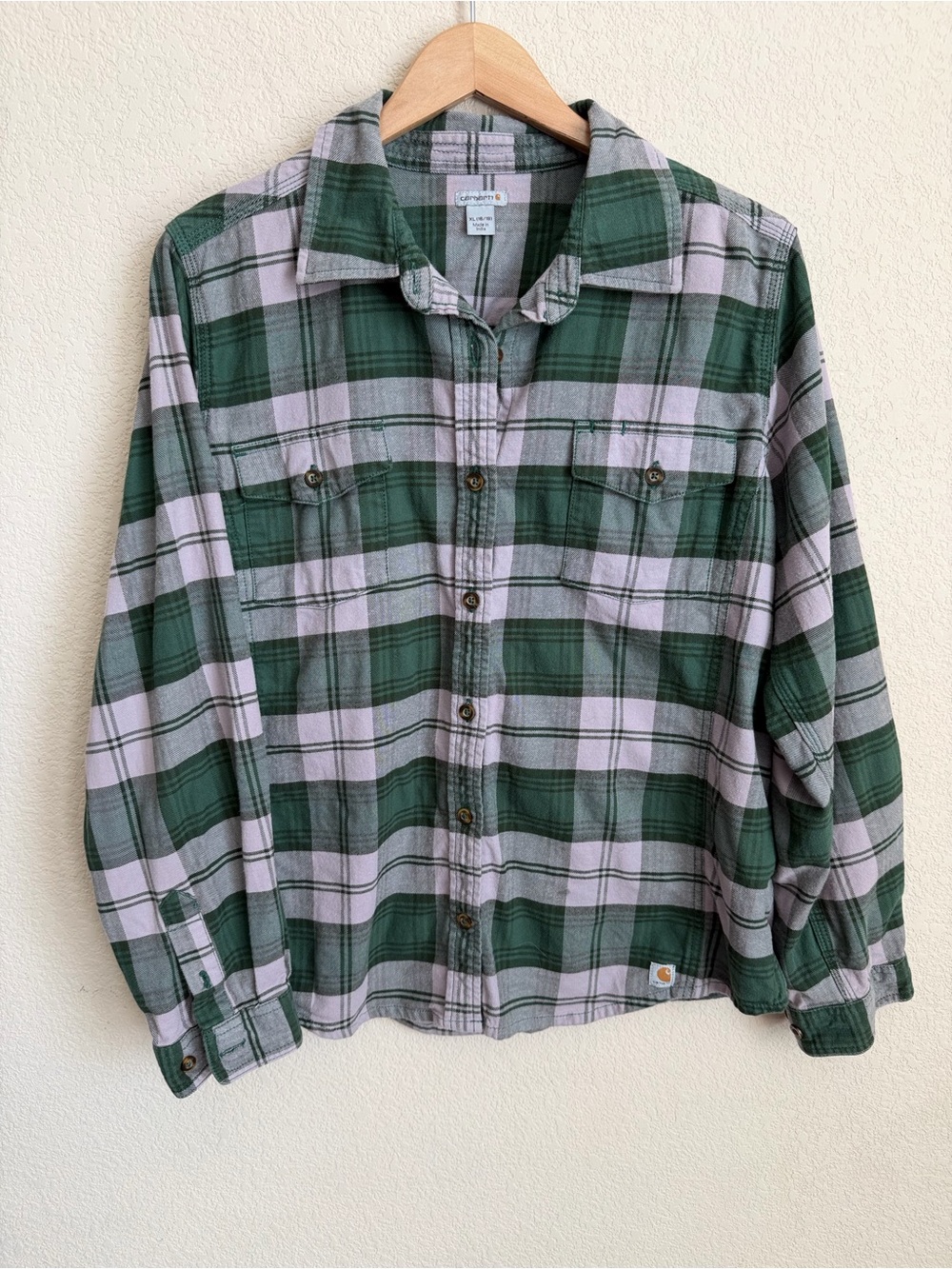 Carhartt Hamilton Flannel Shirt II XL 16/18 Green Gray Plaid Relaxed Fit Cotton - Picture 1 of 16